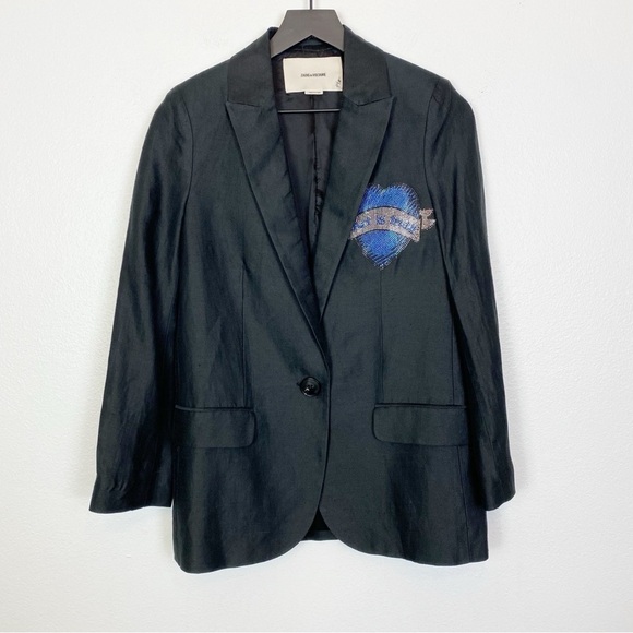 Zadig & Voltaire Viva Heart Strass Linen-Blend Blazer - Picture 3 of 7